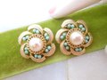Vintage PAT PEND Pearl Earrings Aqua Bead Clip On Gold Plate Chunky Flower Pinwheel Jewelry Gift Mid Century, VivianJoel.com