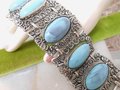 Vintage Bracelet Ornate Faux Blue Turquoise Wide Link Chunky Two Side Flip Link Selro Style Statement Jewelry Mid Century, VivianJoel.com