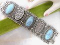 Vintage Bracelet Ornate Faux Blue Turquoise Wide Link Chunky Two Side Flip Link Selro Style Statement Jewelry Mid Century, VivianJoel.com