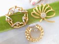 Vintage LOT 3 Rhinestone Brooch Clear Crystal Wreath Pin Brooch MAMSELLE Ribbon Bow Gold Plate Designer Mid Century Jewelry, VivianJoel.com