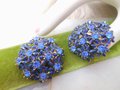 Vintage Flower Earrings Blue Rhinestone Clip On Enamel Jumbo Cluster Jewelry Gift Mid Century, VivianJoel.com