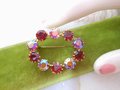 Vintage AUSTRIA Red Rhinestone Brooch Crystal Pin Oval Aurora Borealis Mid Century Jewelry, VivianJoel.com