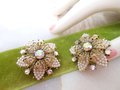 Vintage SELINI Rhinestone Flower Earrings Clip On Tiny Faux Pearl Ornate Cluster Designer Wedding SELRO Mid Century Jewelry, VivianJoel.com
