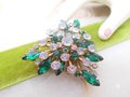 Vintage Emerald Green Brooch Rhinestone Pin Starburst Explosion Triangle Shield Jewelry Mid Century Gift, VivianJoel.com