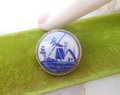 Vintage DELFTS Dutch Windmill Pin Brooch Petite Blue White Porcelain Sterling Silver Mid Century Jewelry Gift, VivianJoel.com