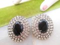Vintage Black Rhinestone Earrings Deco Clip On Jumbo Black Regency Renaissance Revival Jewelry Mid Century, VivianJoel.com