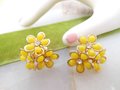Vintage Mod Yellow Earrings Flower Cluster Plastic Petals Rhinestone Screw Back Mid Century Jewelry Gift, VivianJoel.com