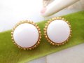 Vintage Crown TRIFARI White Milk Glass Clip On Earrings Gold Plate Chunky Classic Designer Mid Century Jewelry, VivianJoel.com