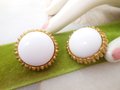 Vintage Crown TRIFARI White Milk Glass Clip On Earrings Gold Plate Chunky Classic Designer Mid Century Jewelry, VivianJoel.com