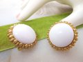 Vintage Crown TRIFARI White Milk Glass Clip On Earrings Gold Plate Chunky Classic Designer Mid Century Jewelry, VivianJoel.com
