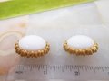 Vintage Crown TRIFARI White Milk Glass Clip On Earrings Gold Plate Chunky Classic Designer Mid Century Jewelry, VivianJoel.com