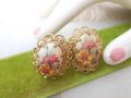 Vintage WEST GERMANY Flower Ornate Earrings Clip On Textured Glass Filigree Victorian Revival Jewelry Gift Mid Century, VivianJoel.com
