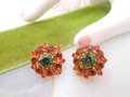 Vintage AUSTRIA Earrings Clip On Green Orange Crystal Rhinestone Flower Jewelry Gift Mid Century Designer, VivianJoel.com