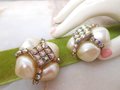Vintage HOBE Designer Earrings Chunky Clip On Big Faux Pearl Aurora Borealis Rhinestone Mid Century Jewelry, VivianJoel.com