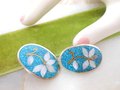 Vintage ALPACA MEXICO Silver Earrings Clip On Shell Flower Inlay Turquoise Mosaic Mid Century Designer Jewelry Gift, VivianJoel.com