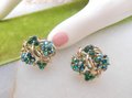 Vintage LONGCRAFT Green Flower Bouquet Earrings Rhinestone Screw Back Aurora Borealis Designer Jewelry Gift Mid Century, VivianJoel.com