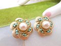 Vintage PAT PEND Pearl Earrings Aqua Bead Clip On Gold Plate Chunky Flower Pinwheel Jewelry Gift Mid Century, VivianJoel.com