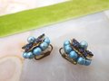Vintage Flower Earrings Beaded Clip On Cluster Tiny Wired Bead Satin Blue Glass JAPAN Mid Century Jewelry, VivianJoel.com
