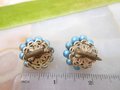 Vintage Flower Earrings Beaded Clip On Cluster Tiny Wired Bead Satin Blue Glass JAPAN Mid Century Jewelry, VivianJoel.com
