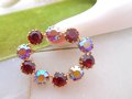 Vintage AUSTRIA Red Rhinestone Brooch Crystal Pin Oval Aurora Borealis Mid Century Jewelry, VivianJoel.com
