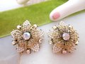 Vintage SELINI Rhinestone Flower Earrings Clip On Tiny Faux Pearl Ornate Cluster Designer Wedding SELRO Mid Century Jewelry, VivianJoel.com