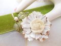 Vintage CORO Flower Designer Brooch White Enamel Pin Ruffled Petal Faux Pearl Jewelry Mid Century, VivianJoel.com