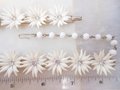 Vintage White Daisy Flower Necklace Bracelet Earrings Set Soft Plastic Parure Rhinestone Pin Up Retro Mid century Jewelry, VivianJoel.com