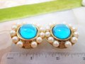 Vintage Jumbo Aqua Blue Earrings Lucite Faux Pearl Plastic Clip On Chunky Mogul Fab Runway Mid Century Jewelry, VivianJoel.com