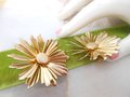 Vintage SARAH COVENTRY Flower Earrings Big Jumbo Clip On Designer Gold Tone Plate Daisy Mid Century Jewelry Gift, VivianJoel.com