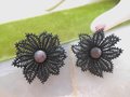 Vintage WEST GERMANY Flower Doily Lace Mod Earrings Black Plastic Clip On Kitsch Mid Century Jewelry Gift, VivianJoel.com