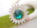 Vintage SARAH COVENTRY Flower Sunburst Pin Brooch Rhinestone Emerald Green Kathleen Designer Jewelry Gift Mid Century, VivianJoel.com