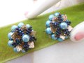 Vintage Flower Earrings Beaded Clip On Cluster Tiny Wired Bead Satin Blue Glass JAPAN Mid Century Jewelry, VivianJoel.com