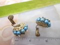 Vintage Flower Earrings Beaded Clip On Cluster Tiny Wired Bead Satin Blue Glass JAPAN Mid Century Jewelry, VivianJoel.com