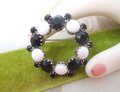 Vintage Crystal Wreath Brooch Black Jet White Milk Glass Pin Rhinestone Circle Mod Mid Century Jewelry Gift, VivianJoel.com