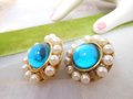 Vintage Jumbo Aqua Blue Earrings Lucite Faux Pearl Plastic Clip On Chunky Mogul Fab Runway Mid Century Jewelry, VivianJoel.com
