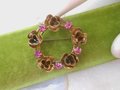 Vintage AUSTRIA Pink Rhinestone Flower Pin Flower Brooch Wreath Petite Circle Mid Century Jewelry, VivianJoel.com