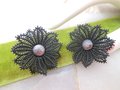 Vintage WEST GERMANY Flower Doily Lace Mod Earrings Black Plastic Clip On Kitsch Mid Century Jewelry Gift, VivianJoel.com