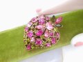Vintage Pink Green Brooch Crystal Rhinestone Pin Leaf Fruit Gift Mid Century Jewelry, VivianJoel.com