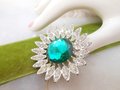 Vintage SARAH COVENTRY Flower Sunburst Pin Brooch Rhinestone Emerald Green Kathleen Designer Jewelry Gift Mid Century, VivianJoel.com