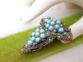 Vintage Art Deco Ornate Fur Dress Clip Brooch Blue Milk Glass Coral Bead Pot Metal Mid Century Jewelry, VivianJoel.com