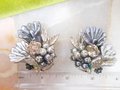 Vintage BEAU JEWELS Earrings Flower Jumbo Clip On Bead Cluster Rhinestone Crystal Silver Gray Designer Jewelry Mid Century, VivianJoel.com