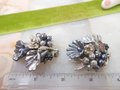 Vintage BEAU JEWELS Earrings Flower Jumbo Clip On Bead Cluster Rhinestone Crystal Silver Gray Designer Jewelry Mid Century, VivianJoel.com