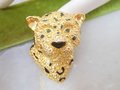 Vintage Leopard Tiger Cat Pin Brooch Rhinestone Green Enamel Figural Mid Century Jewelry, VivianJoel.com