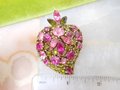 Vintage Pink Green Brooch Crystal Rhinestone Pin Leaf Fruit Gift Mid Century Jewelry, VivianJoel.com