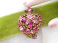 Vintage Pink Green Brooch Crystal Rhinestone Pin Leaf Fruit Gift Mid Century Jewelry, VivianJoel.com