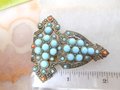 Vintage Art Deco Ornate Fur Dress Clip Brooch Blue Milk Glass Coral Bead Pot Metal Mid Century Jewelry, VivianJoel.com