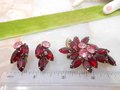 Vintage Ruby Red Brooch Flower Pin Earrings Set Pink Rhinestone Crystal Flower Leaf Jewelry Gift Mid Century, VivianJoel.com