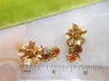 Vintage AUSTRIA Rhinestone Flower Earrings Clip On Topaz Citrine Crystal Mid Century Jewelry Gift, VivianJoel.com