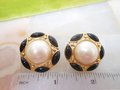 Vintage TRIFARI TM Earrings Clip On Faux Pearl Black Classic Gold Plate Timeless Designer Mid Century Jewelry Gift, VivianJoel.com