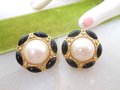 Vintage TRIFARI TM Earrings Clip On Faux Pearl Black Classic Gold Plate Timeless Designer Mid Century Jewelry Gift, VivianJoel.com